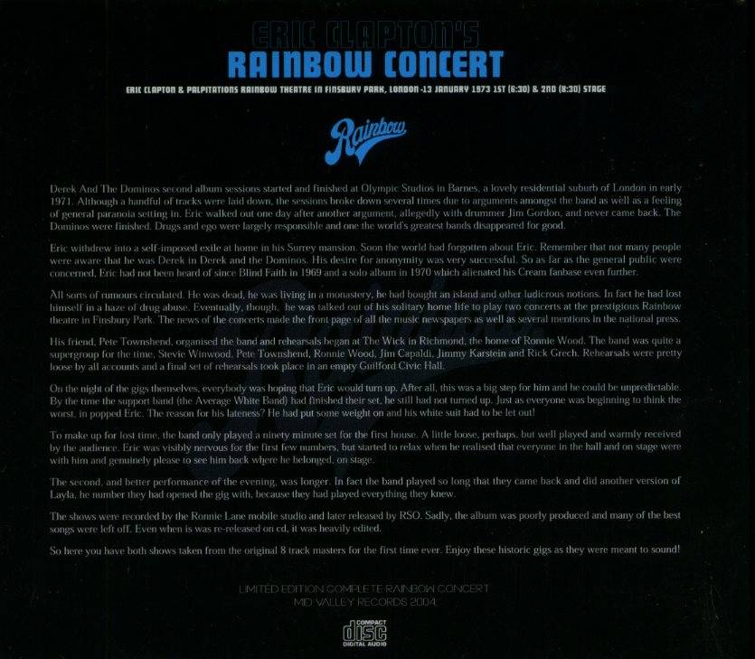 Eric Clapton Rainbow Concert 1973 : Box Back